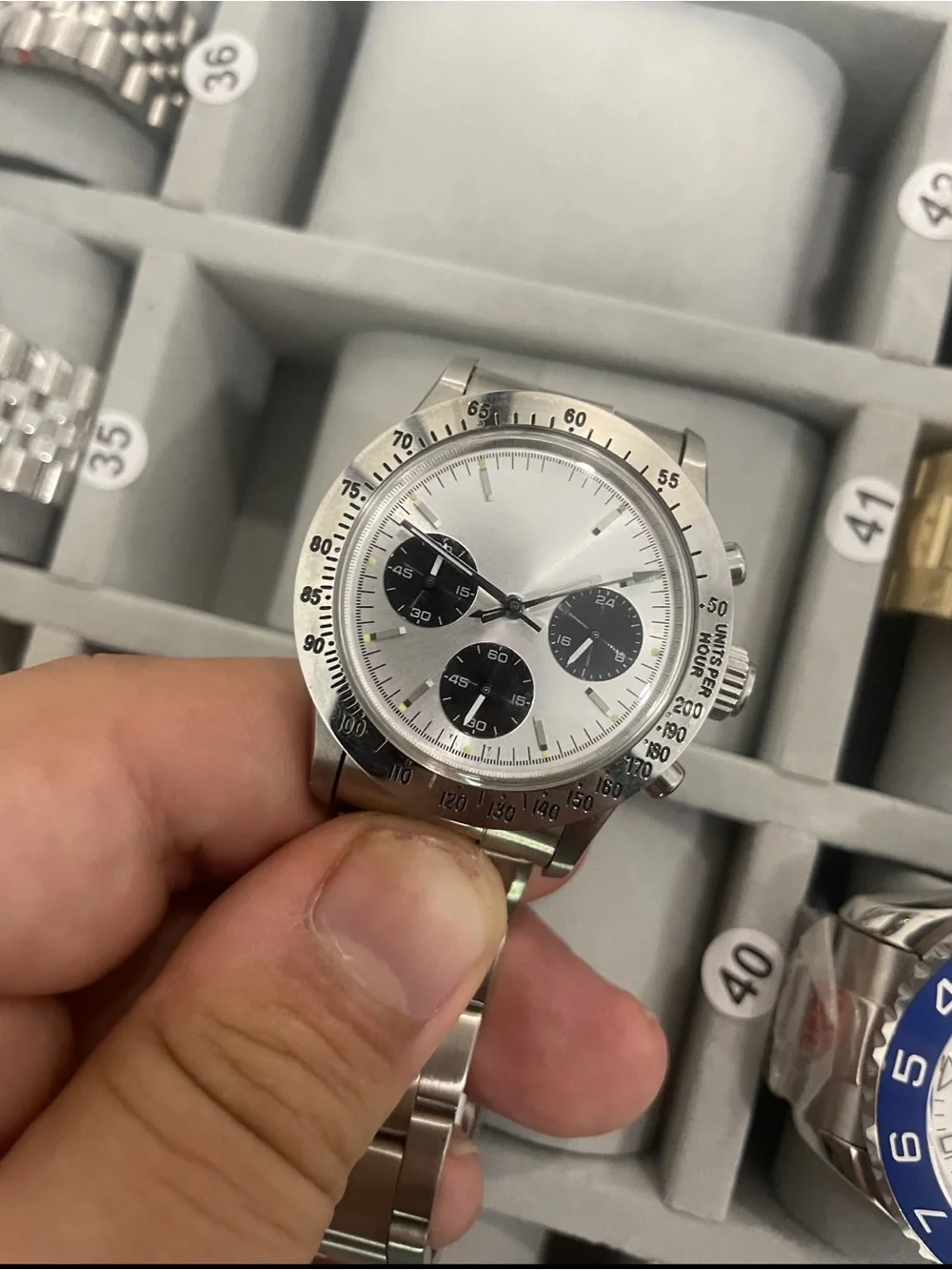 Silver Stainless Steel Chronograph Watch with Black Subdials 36 mm